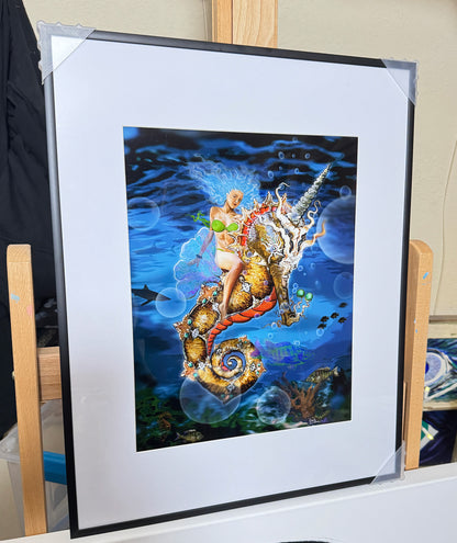 Aquatic Goddess riding a unicorn pegasus seahorse in the ocean with sharks and fish by Doug LaRue 16x20 black metal frame