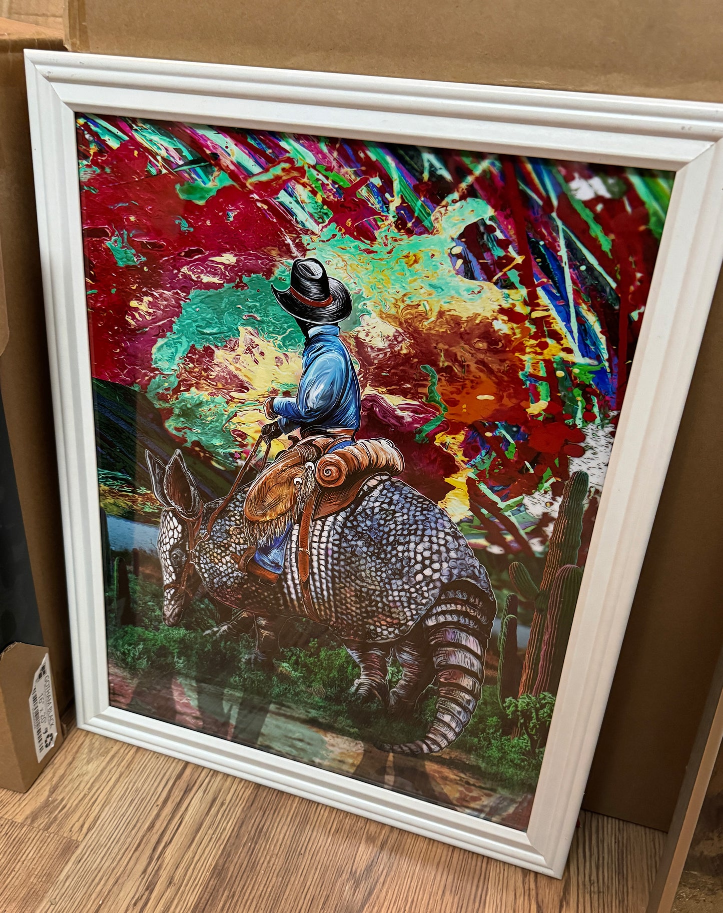 Armadillo Cowboy Sunset in a white wood frame