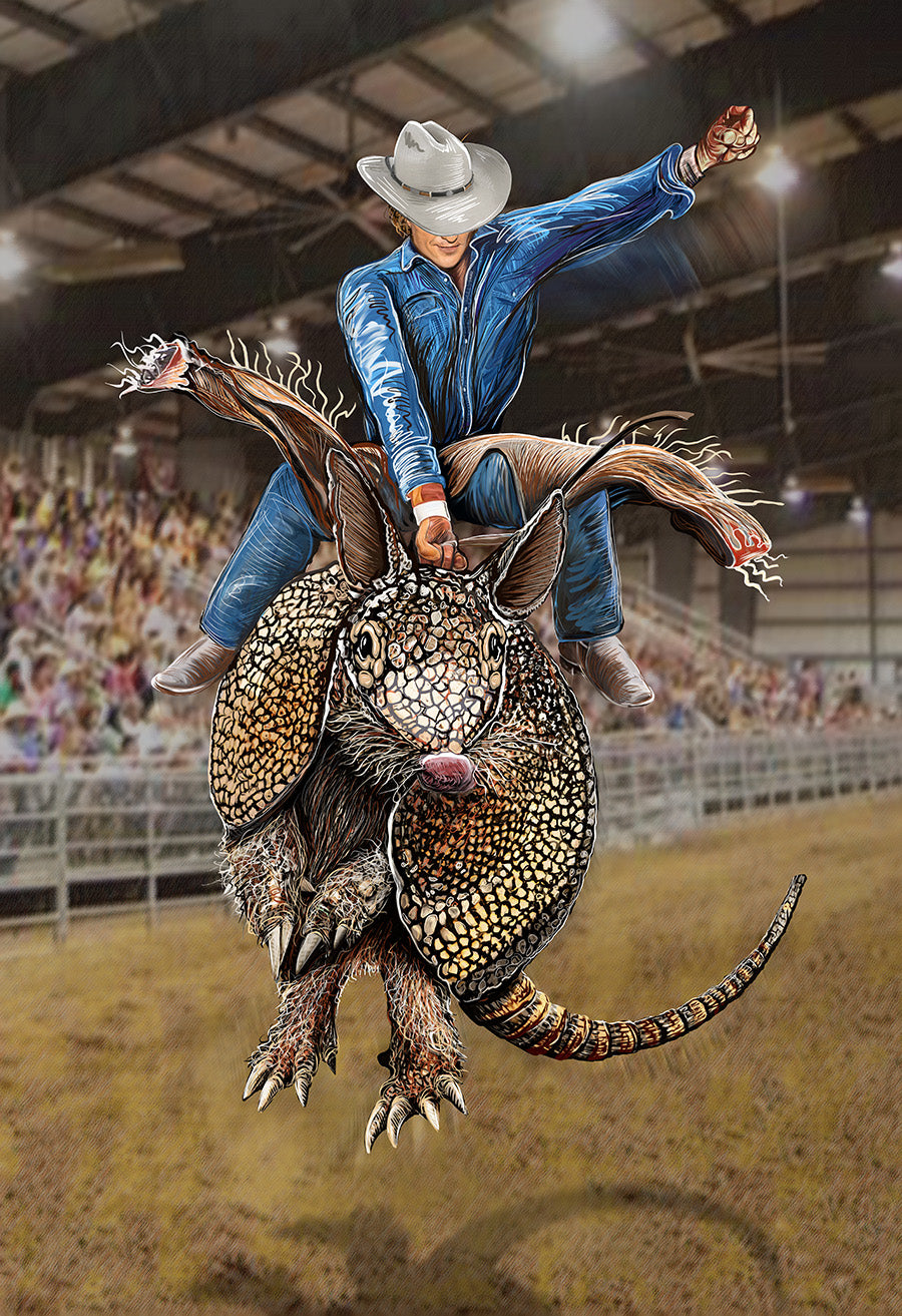 Person riding a giant armadillo in an arena with spectators. Broncodillo by Doug LaRue