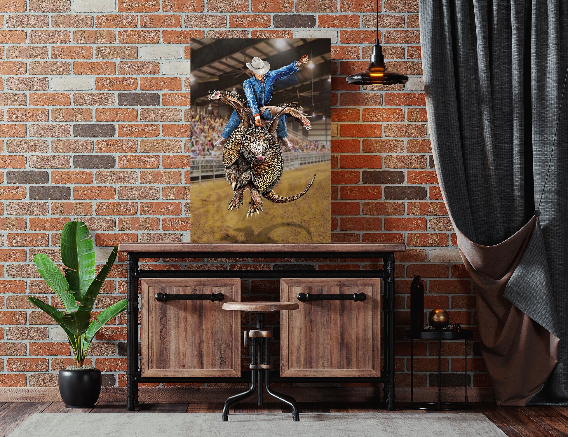 Wooden cabinet with a decorative painting of Broncodillo Art by Doug LaRue against a brick wall.