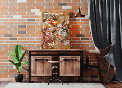 Wooden console table with decorative painting against a brick wall. Ayurvedic gumbo abstract painting by Doug LaRue 