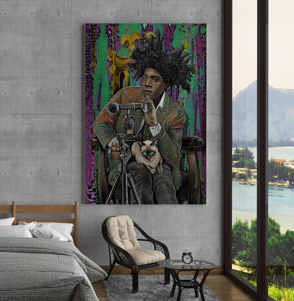 Jean Michael Basquiat and Siamese Friend by Dual Rogue lrge metal print in a lakeshore luxury bedroom