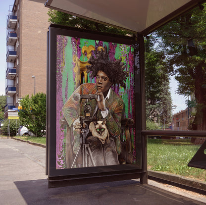 Jean Michael Basquiat and Siamese Friend by Dual Rogue poster at a bus stop