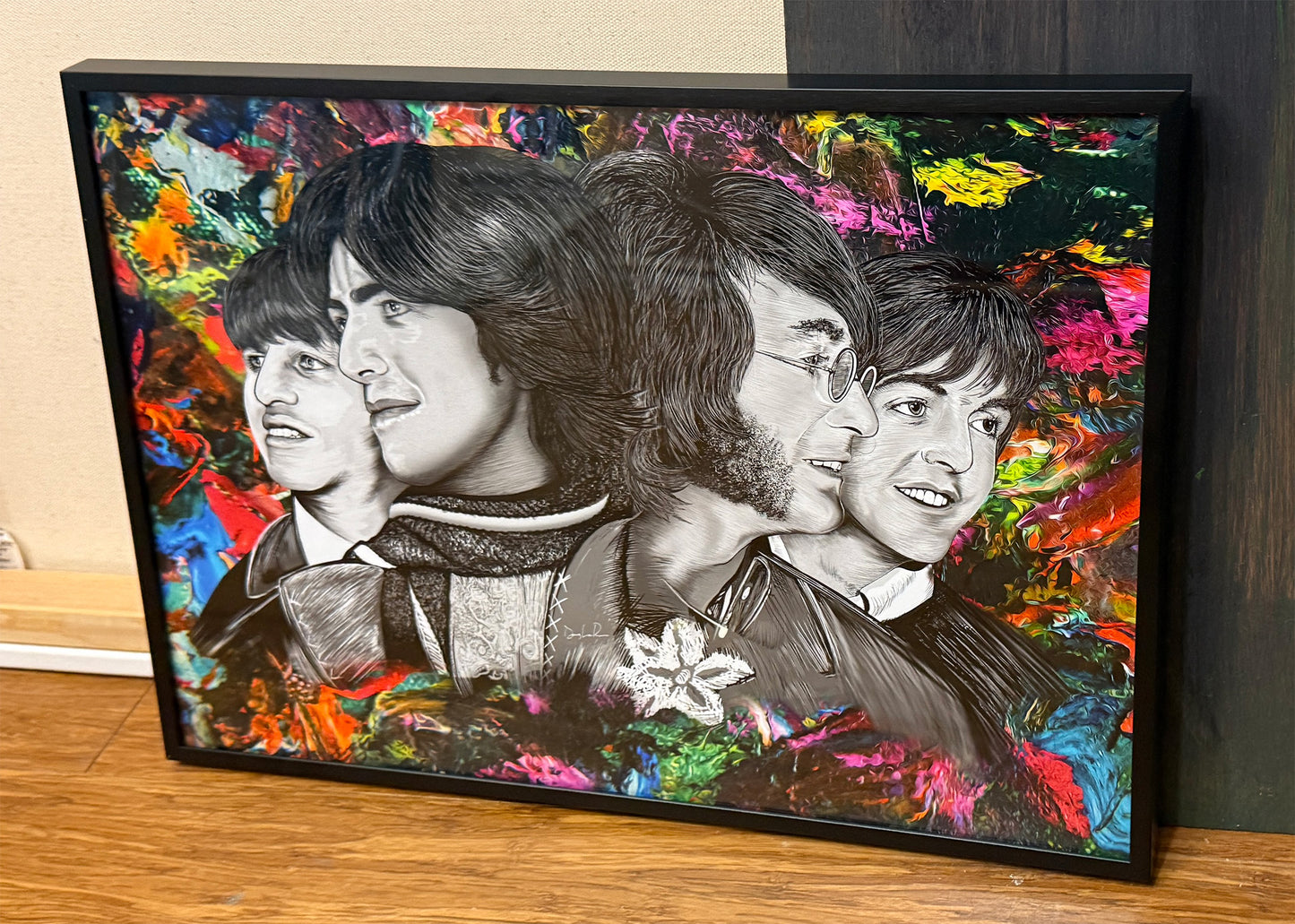 Black and white portraits of "Beatles in Nawlins" mixed media art by Doug LaRue  on a colorful abstract background in a 12x16x1 black metal frame with tempered glass