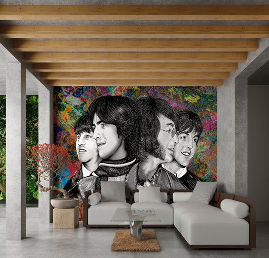 Living room with a mural of  Beatles Nawlins mixed media art by Doug LaRue on the wall