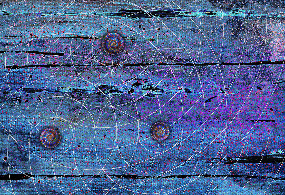 Abstract art print featuring a textured blue and purple background with white geometric circular line patterns and three spiral shell illustrations. Blue Trinity by Doug LaRue
