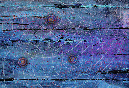Abstract art print featuring a textured blue and purple background with white geometric circular line patterns and three spiral shell illustrations. Blue Trinity by Doug LaRue