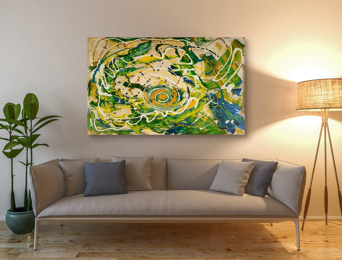 Bluezilla Abstract painting over a tan couch by Doug LaRue