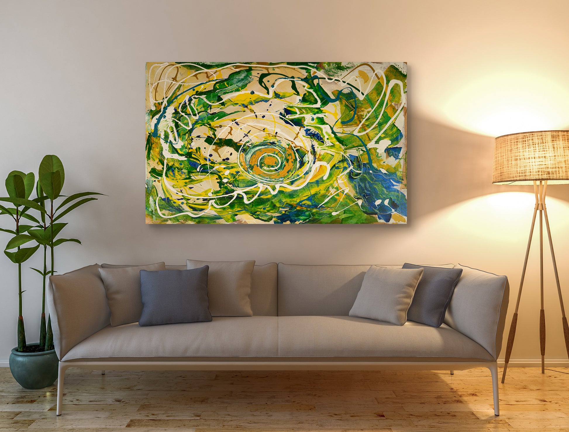 Bluezilla Abstract painting over a tan couch by Doug LaRue