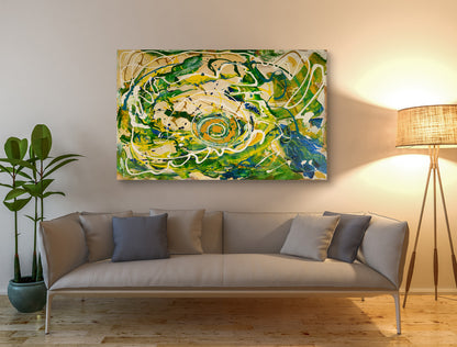 Bluezilla Abstract painting over a tan couch by Doug LaRue
