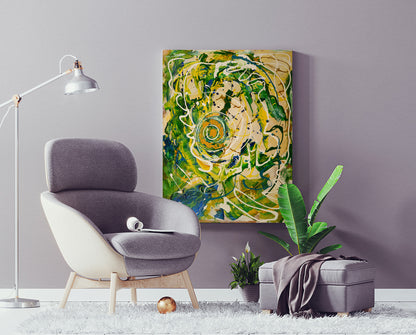 Bluezilla Abstract painting by a reading chair and a plant by Doug LaRue