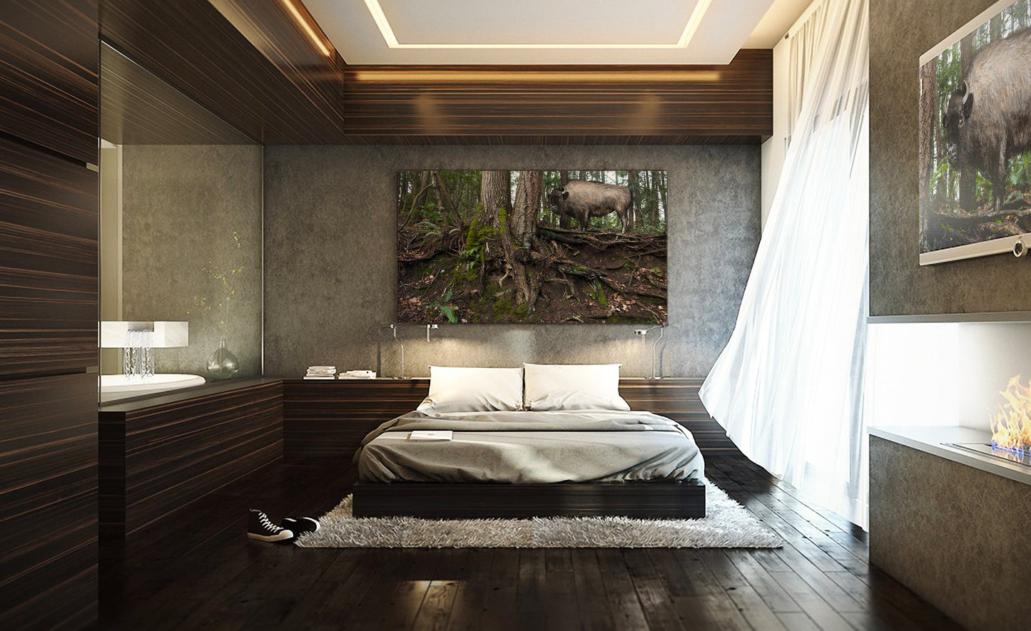 Modern bedroom with wooden walls, a bed, and wall art. Buffalo Forest by Doug LaRue