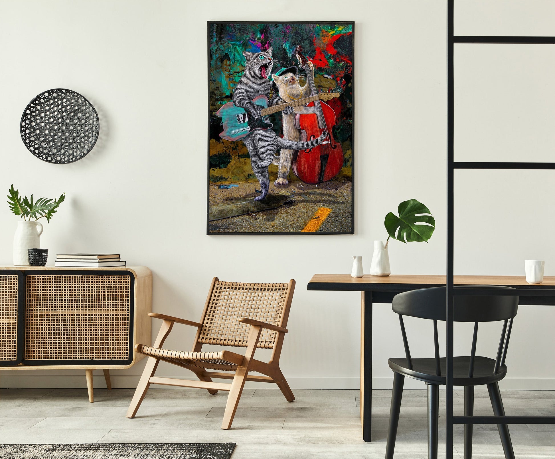 A colorful framed wall art print depicting a zebra and a cat playing a double bass ensemble, displayed in a modern dining room setting.