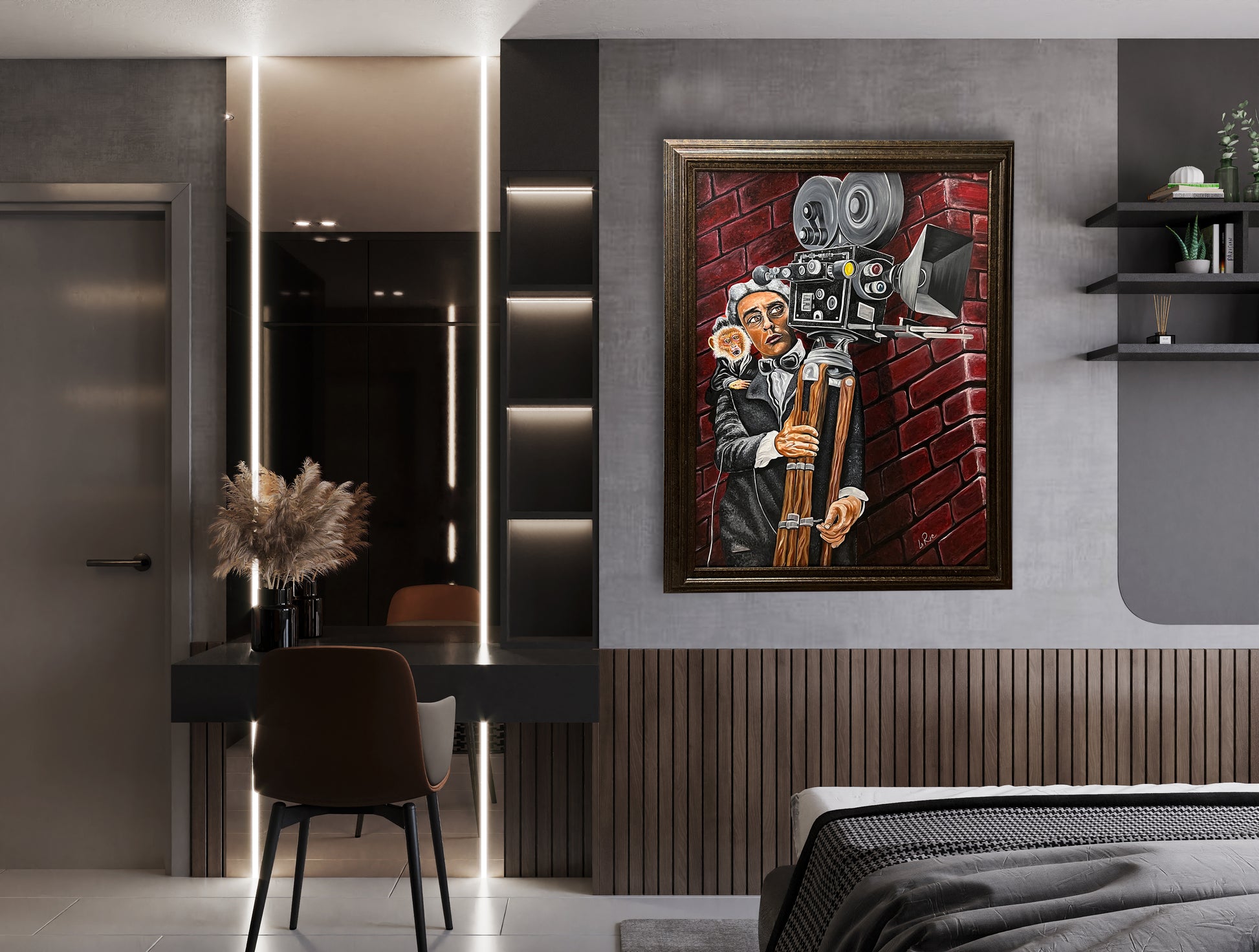 Camera Man oil panting in a classic bronze wood frame in a modern hotel room