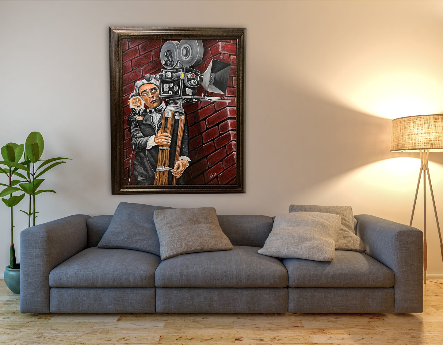Buster Keaton oil painting by Doug LaRue on a wall over a large sofa couch