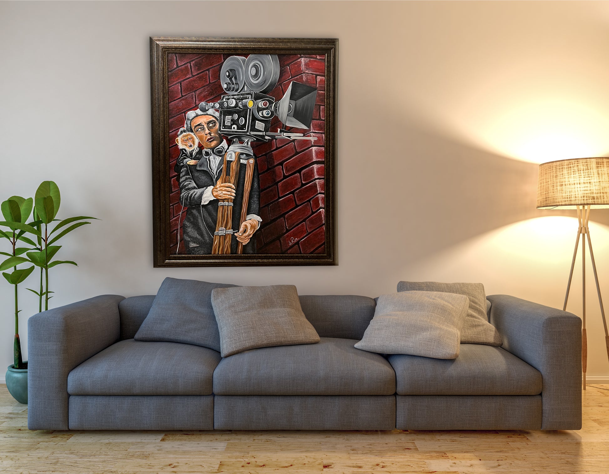 Buster Keaton oil painting by Doug LaRue on a wall over a large sofa couch