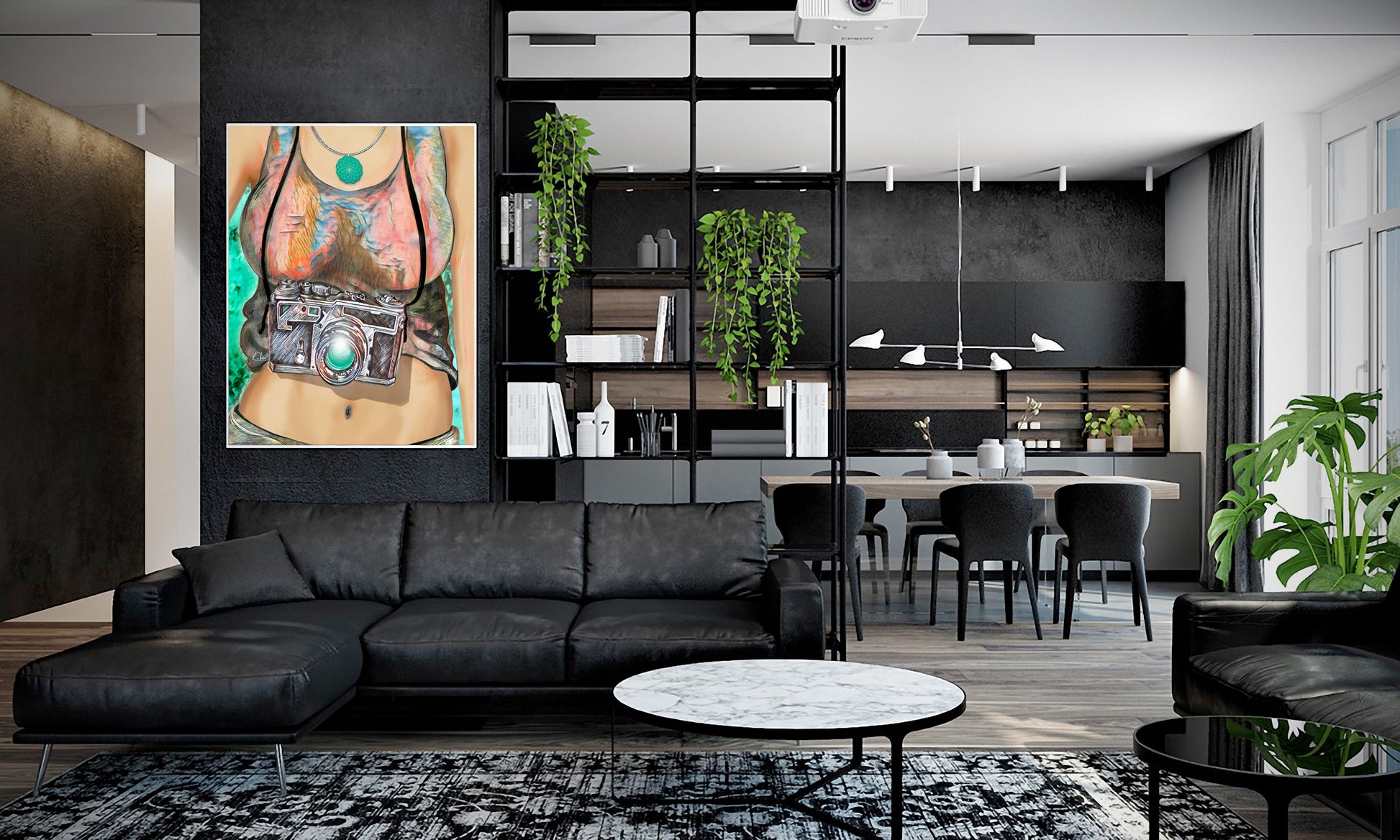 Modern living room with black sofa, round coffee table, and decorative elements. Camera Tank mixed media art by Doug LaRue on a dark living room wall