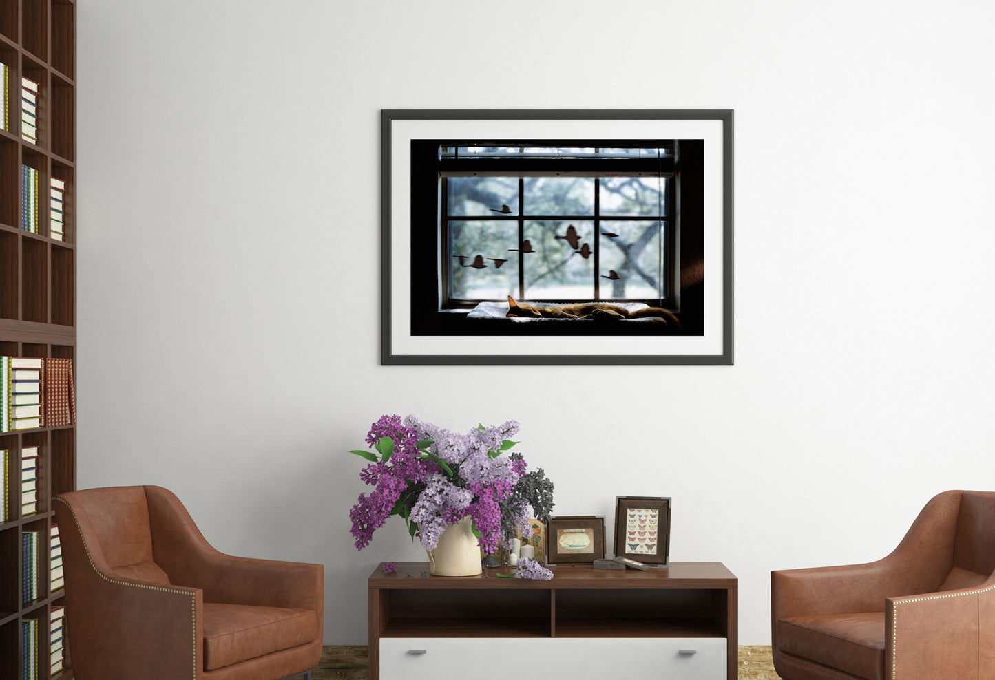 Chasing a Dream photograph by Doug LaRue in a black frame with a white mat on a wall over some chairs