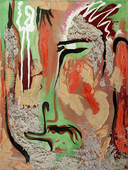 Abstract mixed-media portrait painting  featuring textured brushstrokes and impasto details in green, beige, terracotta red, black, and white. Chuy by Doug LaRue