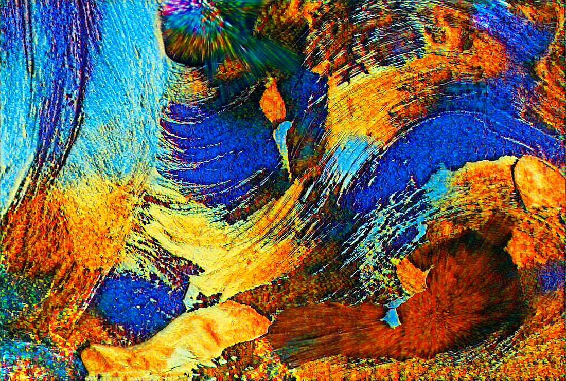 Abstract textured painting with swirling brushstrokes in vivid blue, gold, orange, brown, and cream tones. Rollingwood Cobalt by Doug LaRue