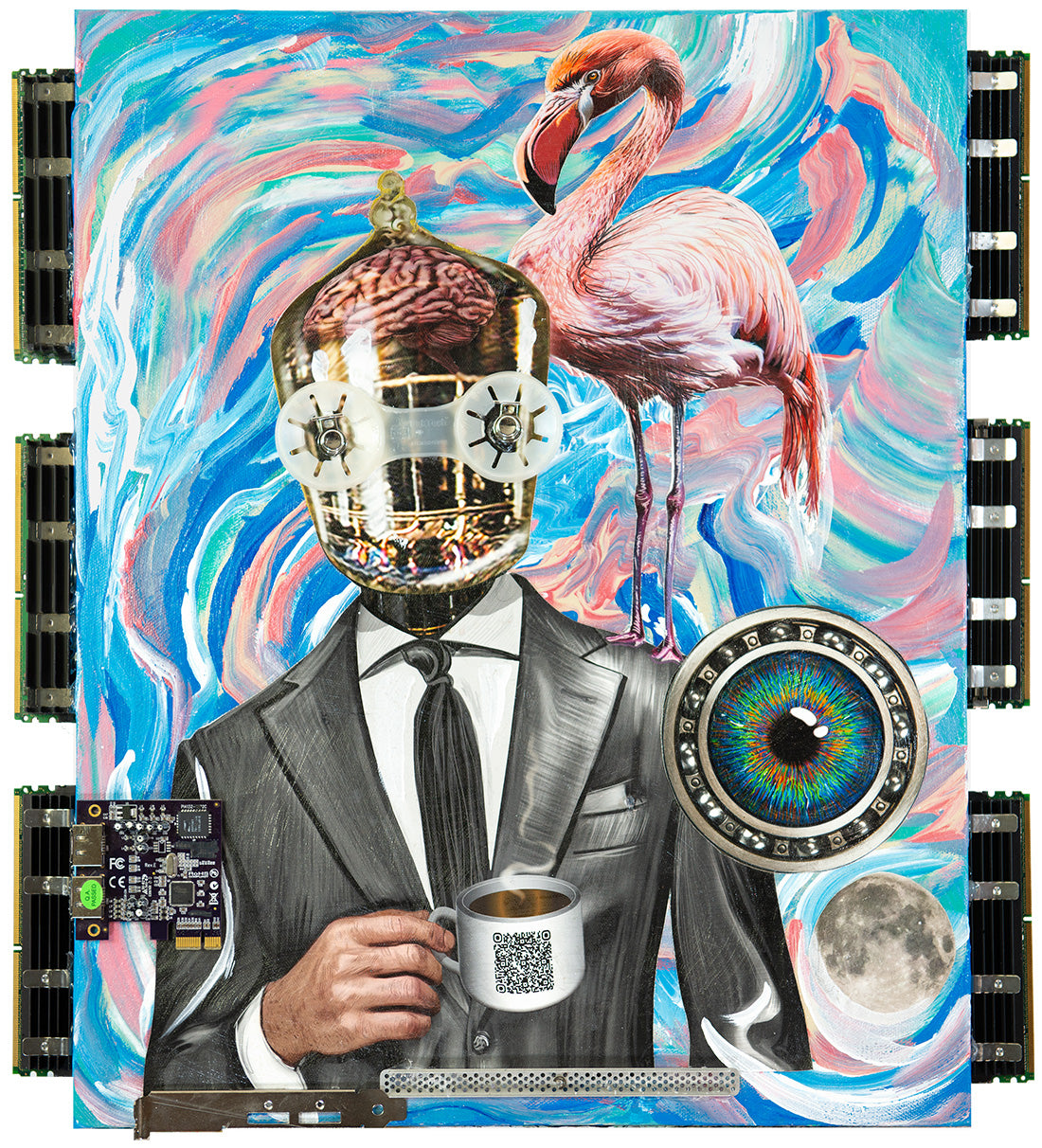 OMC original mixed media canvas of Company Man. A surreal collage-style artwork featuring a person in a gray suit holding a mug, with a flamingo, a brain-like gold helmet, a colorful eye motif, a moon, and swirling blue/pink/white background. The artwork is presented flat and fills most of the frame.