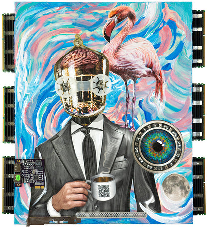 OMC original mixed media canvas of Company Man. A surreal collage-style artwork featuring a person in a gray suit holding a mug, with a flamingo, a brain-like gold helmet, a colorful eye motif, a moon, and swirling blue/pink/white background. The artwork is presented flat and fills most of the frame.