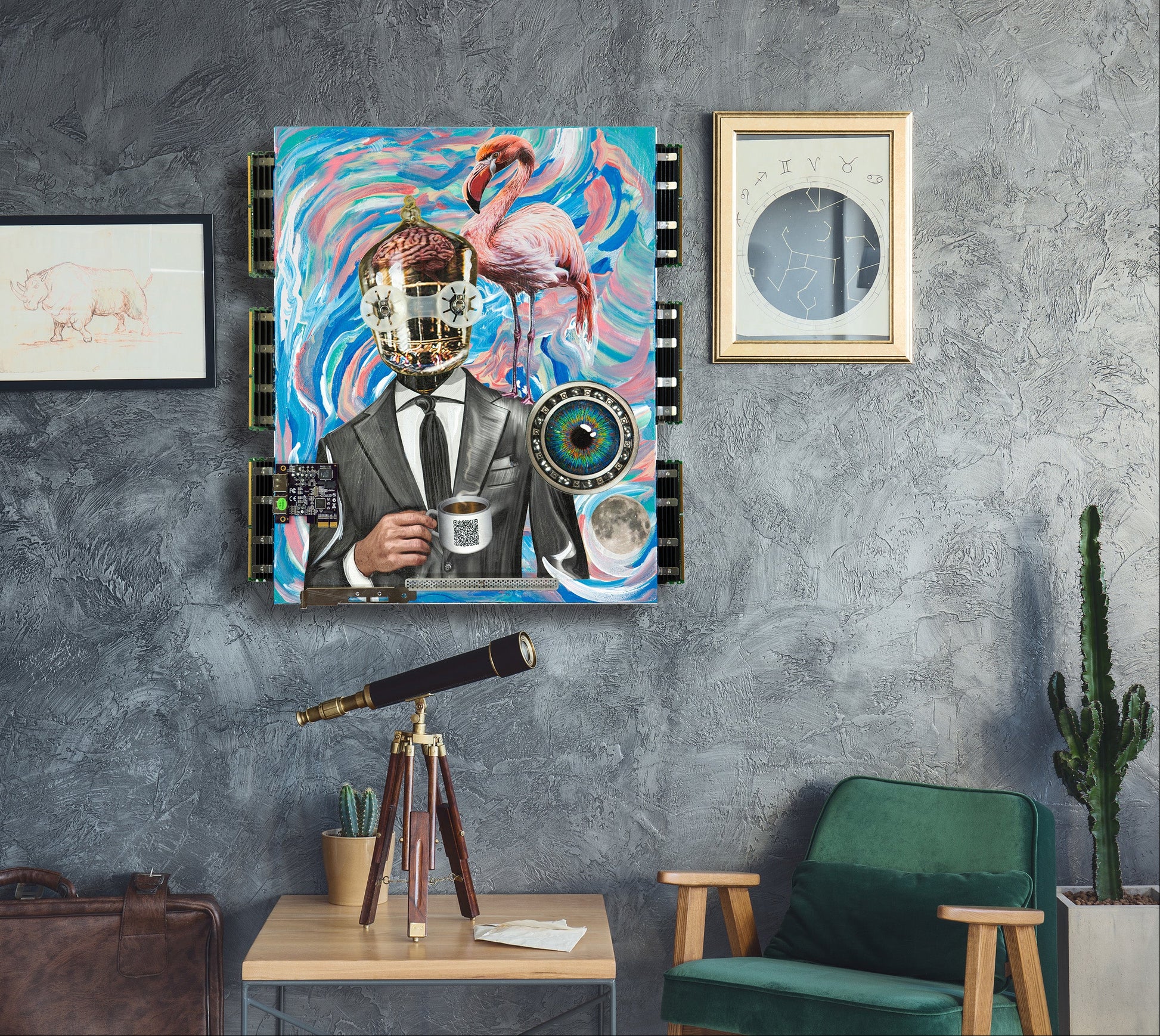 OMC original mixed media canvas of Company Man..  A square collage-style wall art print hangs on a textured gray wall in a styled interior. The artwork depicts a suited figure holding a mug with a flamingo and swirling blue, pink, and white background elements.
