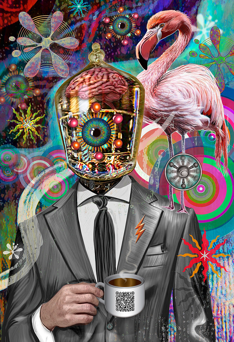 Person in a suit with a mechanical head holding a coffee cup, surrounded by colorful abstract elements and a flamingo. Company Man by Doug LaRue