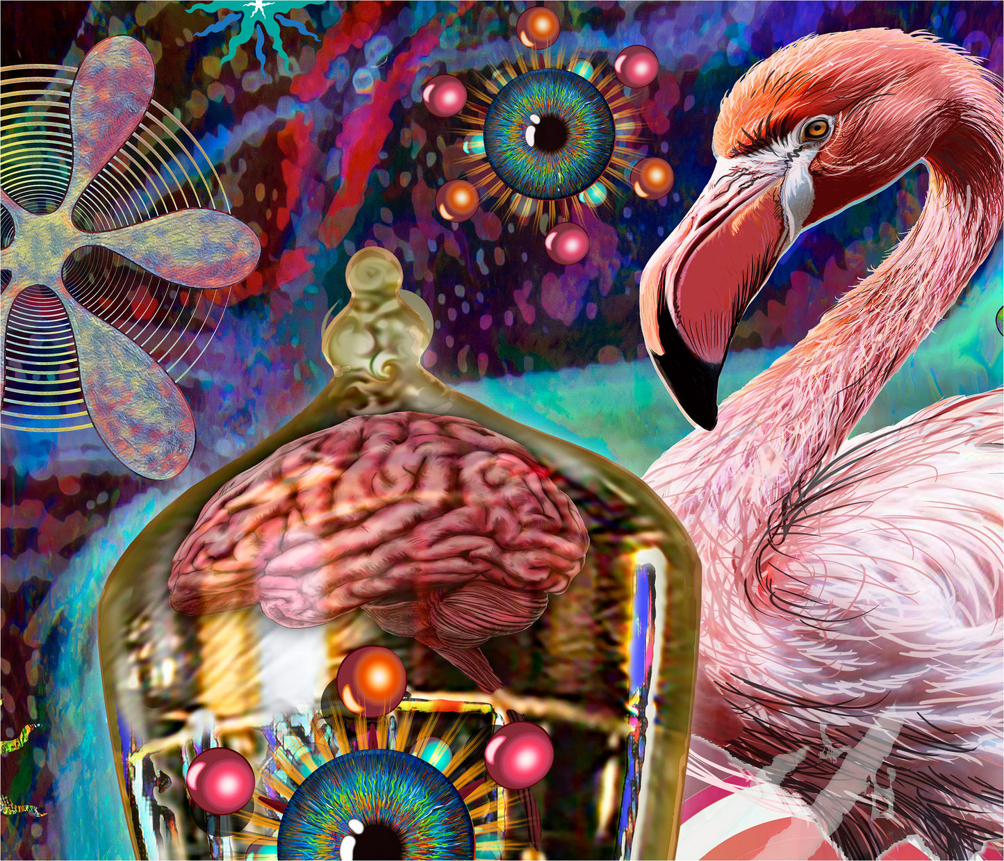 Colorful abstract design with a brain, flamingo, and eye-like patterns. Company Man by Doug LaRue detail