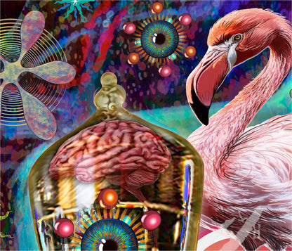 Colorful abstract design with a brain, flamingo, and eye-like patterns. Company Man by Doug LaRue detail