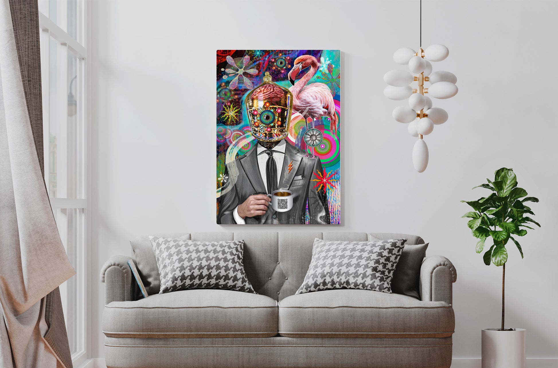 Colorful wall art of a person in a suit with a flamingo on a gray sofa. Company Man by Doug LaRue