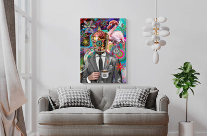 Colorful wall art of a person in a suit with a flamingo on a gray sofa. Company Man by Doug LaRue