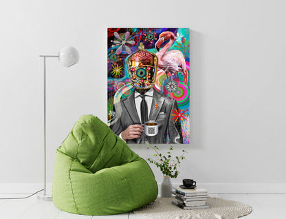 Colorful abstract painting of a person with a mask and flamingos on a white wall, next to a green bean bag chair. Company Man by Doug LaRue