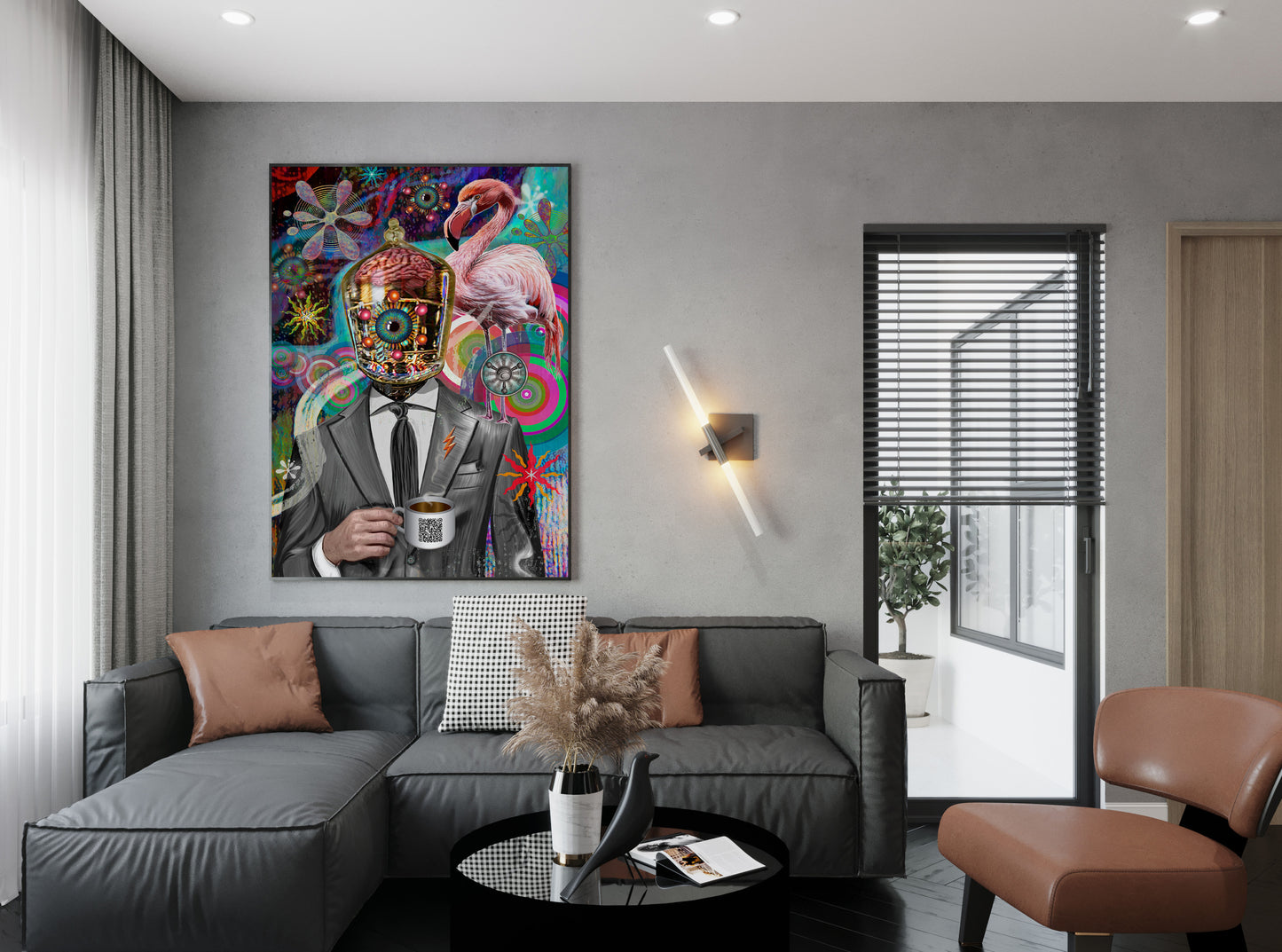 Modern living room with a colorful abstract painting of a man holding a coffee cup. Company Man by Doug LaRue