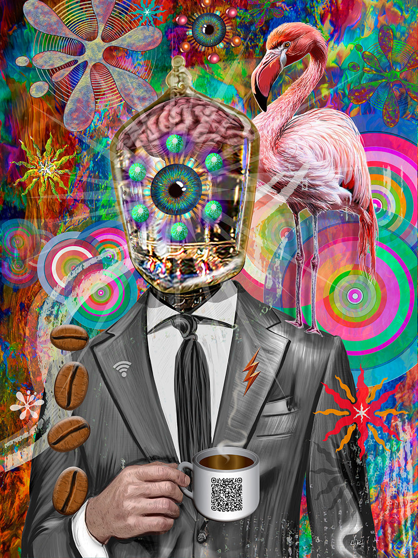 Collage with a person in a suit holding a coffee cup, colorful abstract designs, and a flamingo. Company Man by Doug LaRue