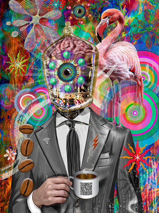 Collage with a person in a suit holding a coffee cup, colorful abstract designs, and a flamingo. Company Man by Doug LaRue