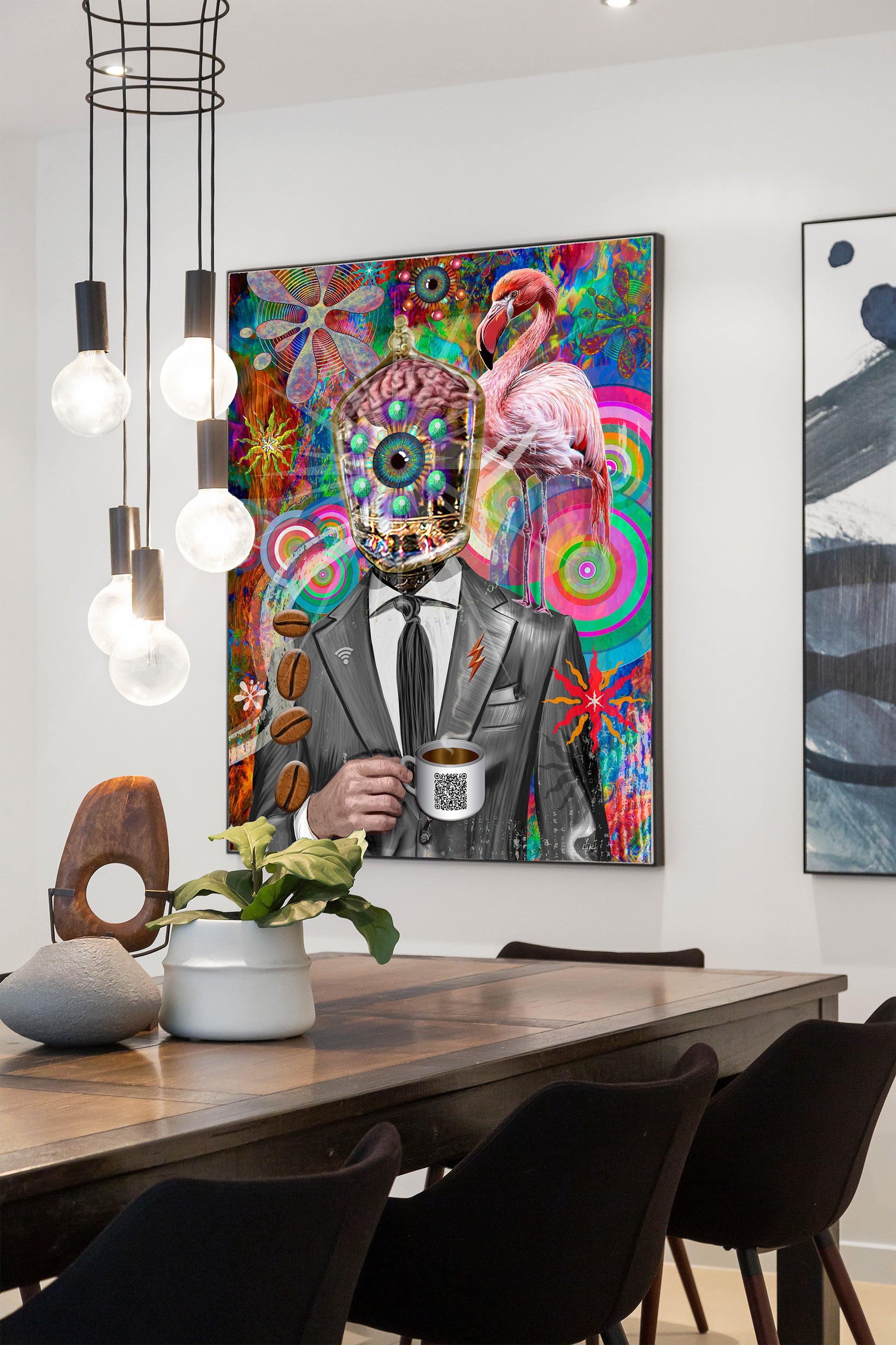 Colorful abstract painting of a person with a flamingo on a wall above a dining table. Company Man by Doug LaRue