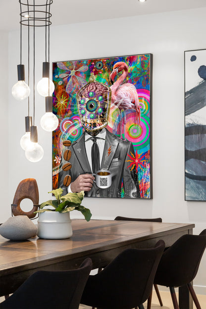 Colorful abstract painting of a person with a flamingo on a wall above a dining table. Company Man by Doug LaRue