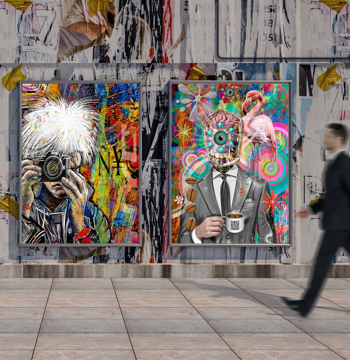 Colorful abstract art pieces on a wall with a person walking by. Company Man by Doug LaRue