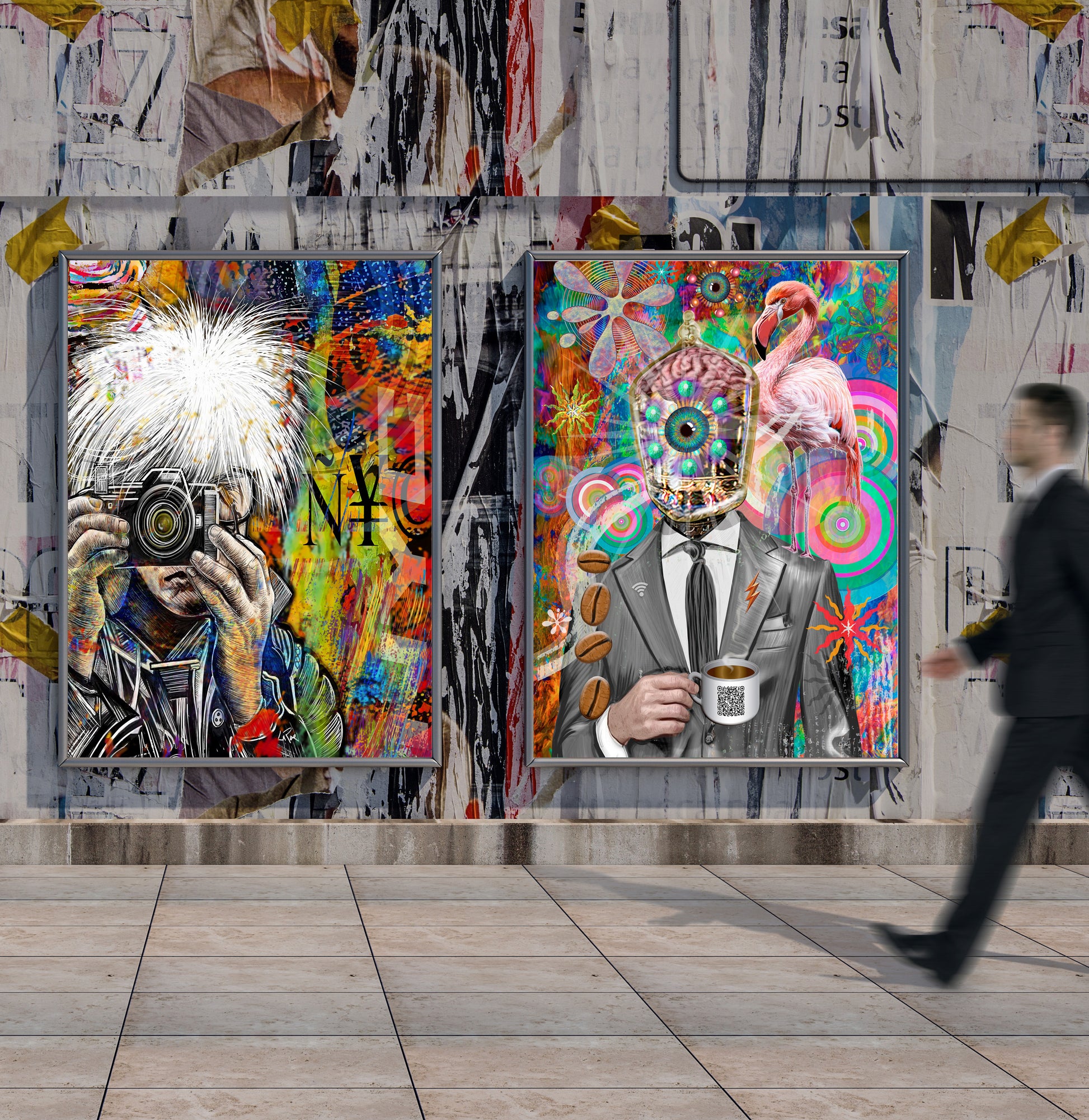 Colorful abstract art pieces on a wall with a person walking by. Company Man by Doug LaRue