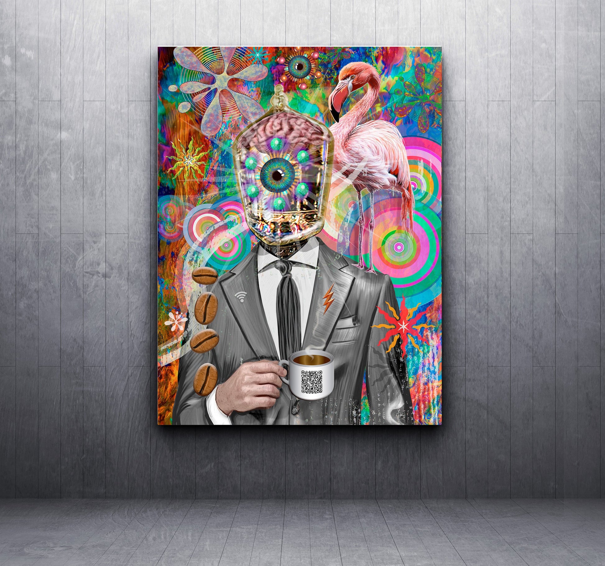 Colorful abstract painting of a person in a suit with a flamingo and coffee cup on a gray wall. Company Man by Doug LaRue