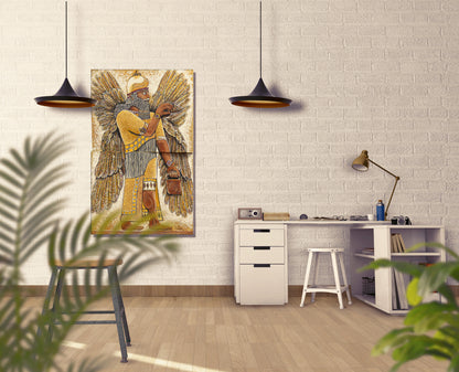 Enki the Annunaki canvas painting by Doug LaRue in a study on a white brick wall.