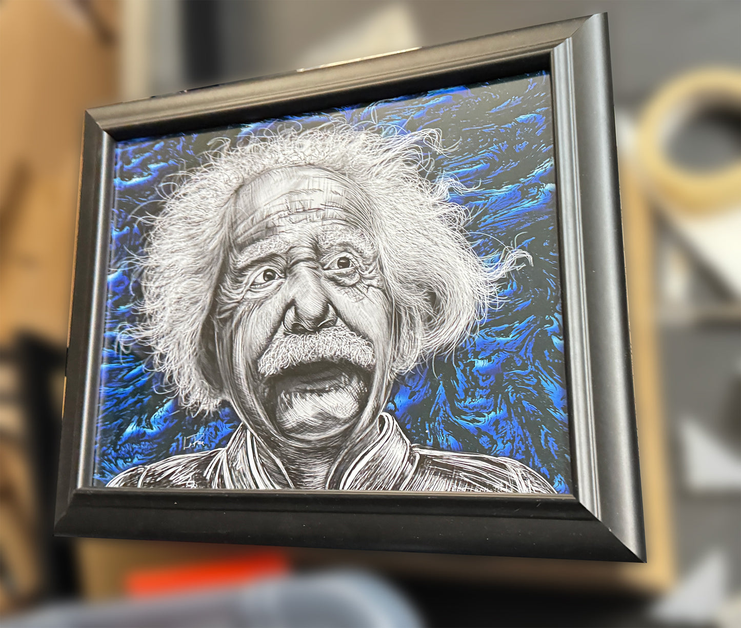 Albert Einstein mixed media by Doug LaRue 12x16 blk frame @ART PARK