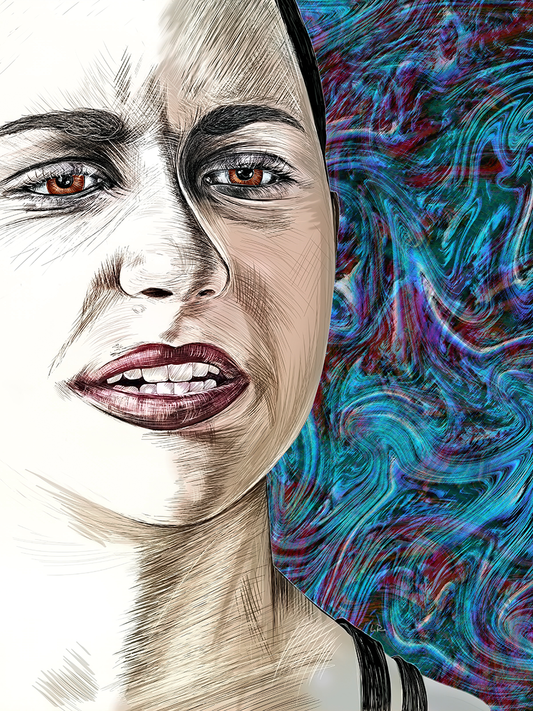 A stylized portrait artwork of a woman's face in profile, with the left side rendered in sketch-like beige and brown tones and the right side filled with swirling psychedelic blue, purple, and teal marbled patterns. Emma Gonzales by Doug LaRue