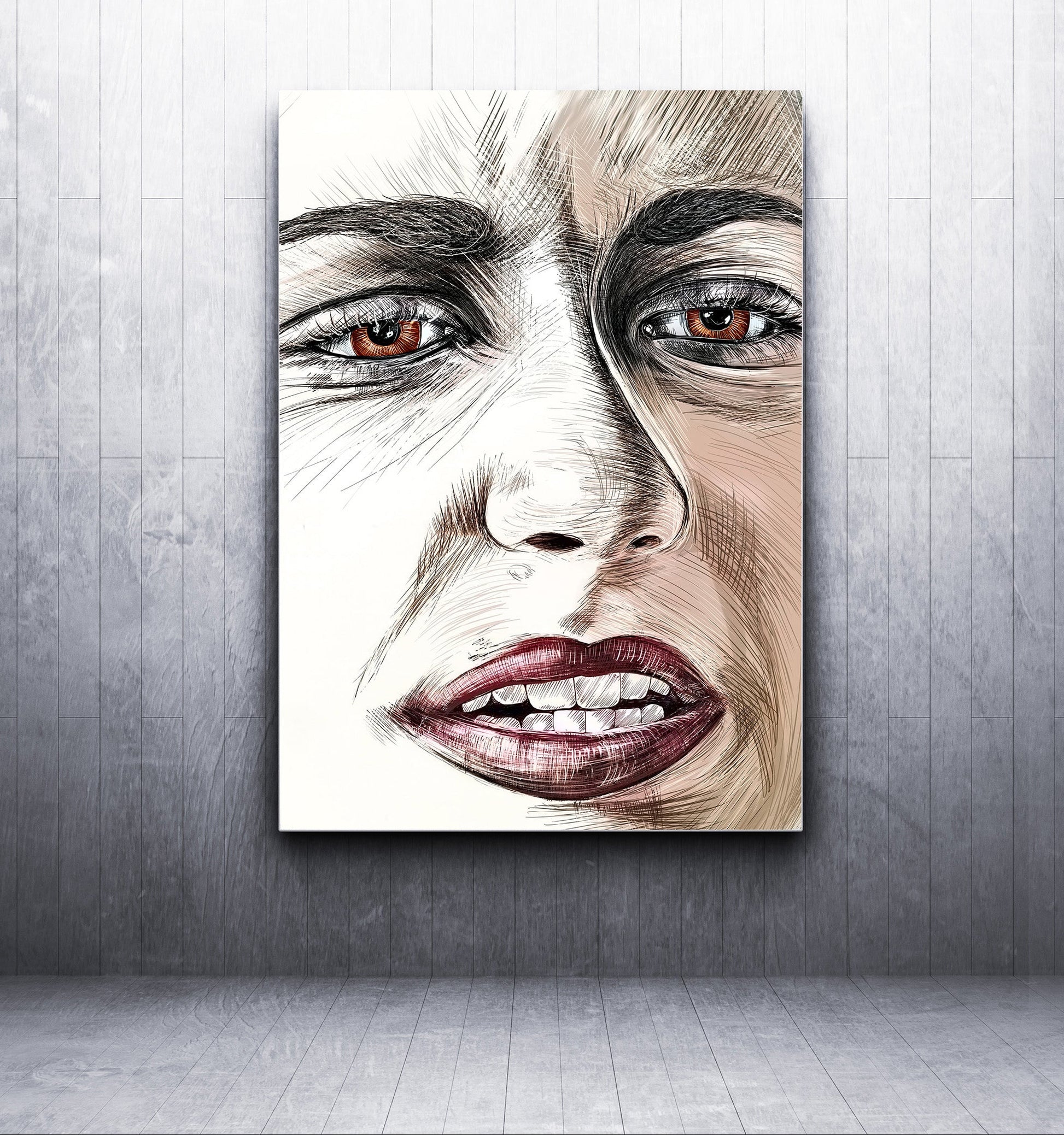 A vertical canvas wall art print featuring a stylized close-up portrait of a woman's face with brown eyes and reddish lips, displayed against a gray wood-paneled wall and floor. Emma Gonzales detail by Doug LaRue