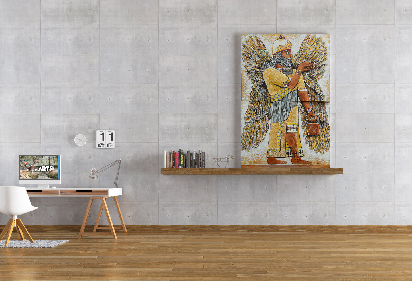 Enki the Annunaki canvas painting by Doug LaRue in a study on a white brick wall.
