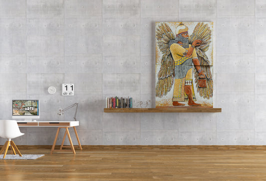 Enki the Annunaki canvas painting by Doug LaRue in a study on a white brick wall.