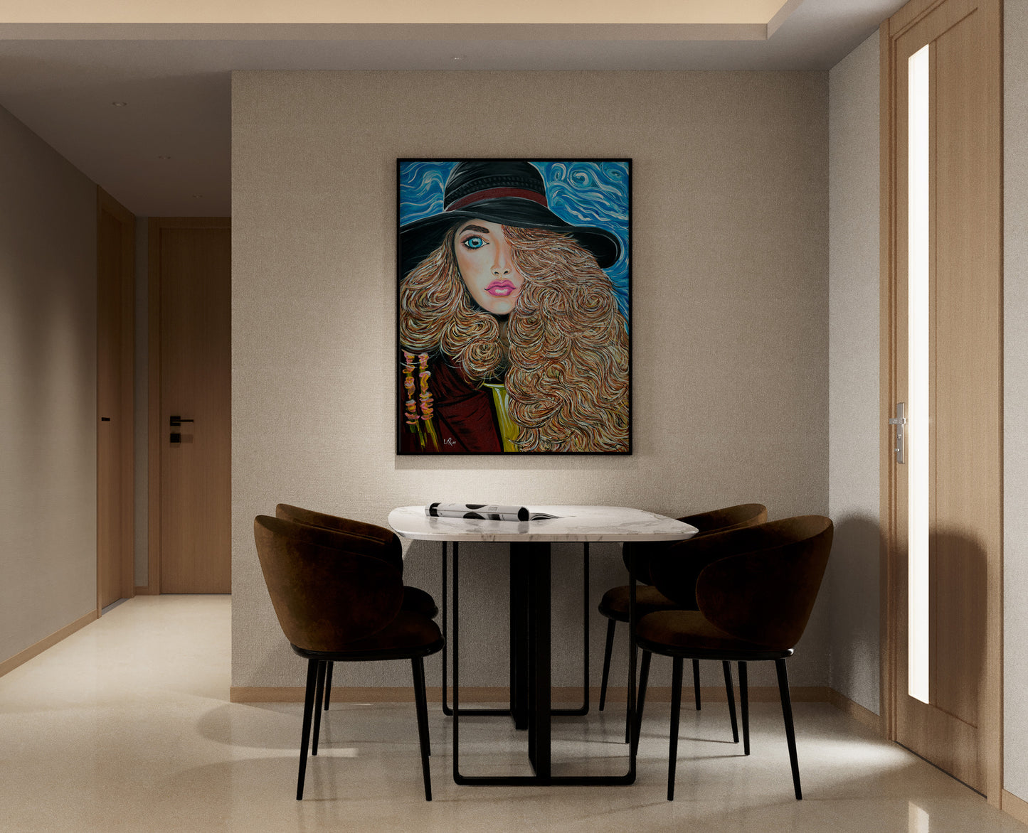 Fashionista painting by Doug LaRue on a dining room wall with a table and chairs.
