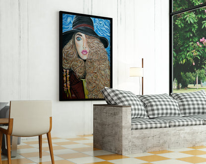 Living room with a sofa, chair, and wall art featuring a stylized portrait of a woman called Fashionista by Doug LaRue