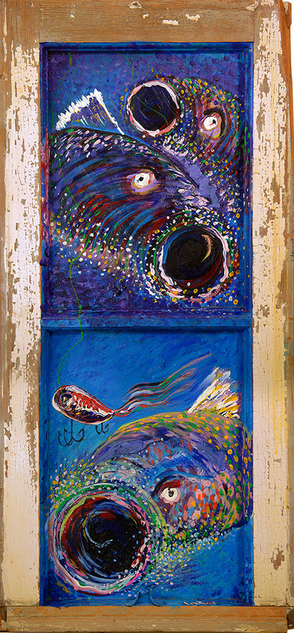 Fish Window painting on antique casement window